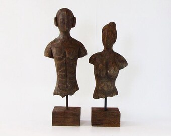 Wood couple sculpture,2 piece bust set,Wood sculpture,Figurine,Couple Bust.Set of 2.distressed finish,dark brown,House warming gift.