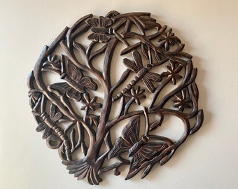 Wood Wall carved panel,carved wooden wall decor,relief panel art,24x24 inch,24 inch diameter,distressed white finish,wood finish.wall mural