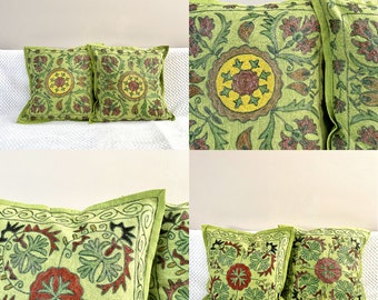 Suzani Cotton Cushion/Pillow Cover Embroidered,16 x 16 green, details floral motif, pillow case, floral cushion