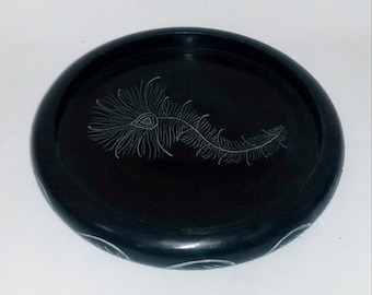 Handcrafted Soapstone Tray - Peacock Feather or Floral Etching, Tea Light Holder, Incense Cone Holder, Desk Accessories, Jewelry Holder