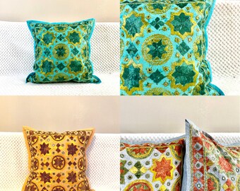 Cushion cover,pillow case.boho,bohemian,Indian ethnic,embroidered,embroidery,hippy,grey,green,peach,apricot,throw pillows,casual cushion.