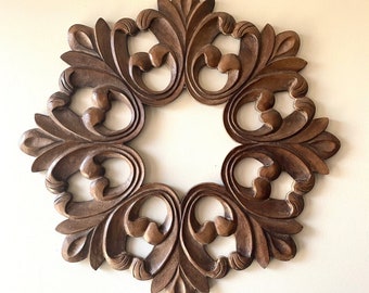Wall carved panel,carved wooden wall decor,relief panel art,24x24 inch,24 inch diameter,white distress finish,wood finish.