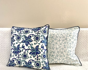 Cushion / Throw Pillow covers ,Block print Cotton,floral motif,16x16 inch.Blue,navy blue,white pillow case,accent cushion,floor pillow .