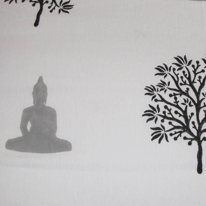 May include: A black and white illustration of a meditating Buddha figure with a tree in the background.
