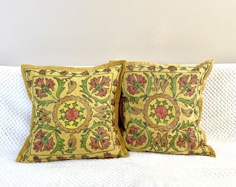 Suzani Cotton Cushion/Pillow Cover Embroidered,16 x 16 mustard/yellow, details floral motif, pillow case,floral cushion