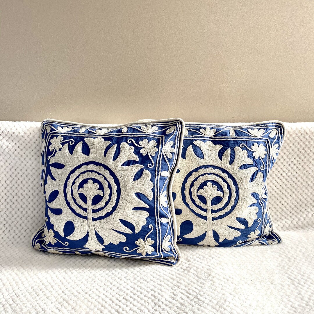 Cotton Cushion/pillow Cover Embroidered,16 X 16 Inches.blue Floral
