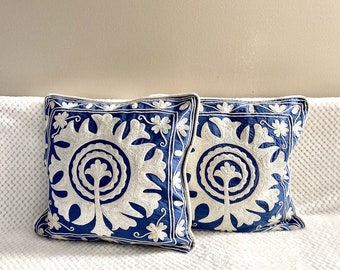 Cotton Cushion/Pillow Cover Embroidered,16 x 16 inches.Blue floral motif, Suzani.