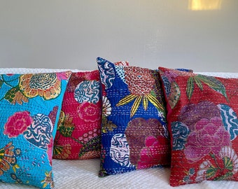 Cushion Cover,throw pillow case,Kantha Stitch,floral,blue,navy blue,orange,cream,off white,16x16 inch,boho,bohemian.India home decor