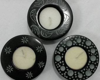 Handmade Soapstone Candle Holder – Black with Botanical Design, T-Light & Incense Cone Burner – Gift