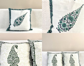 Cushion/Throw Pillow case covers,Block print soft Cotton,floral,16 x 16 inches.green,teal,paisley,Blue,white,accent cushion,floor pillow .
