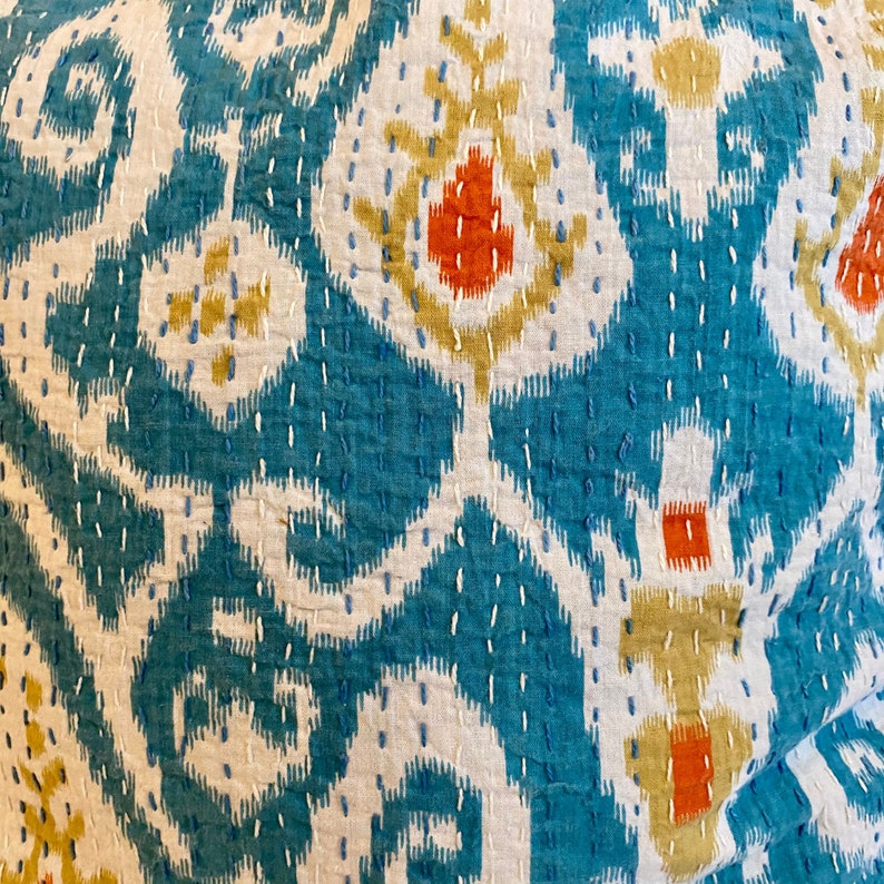 Ethnic Kantha Stitch Tropical Birds Cushion Cover ikat,Teal,Blue,16 inches square,throw pillows boho,bohemian,India home decor,hippy,hippie