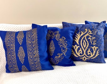 Cushion cover Blue gold block print.Hand block print,navy blue,gold,accent pillow case,throw pillows,India art gift,Toronto Canada.