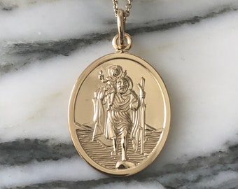9ct Yellow Gold St. Christopher Oval Pendant With Solid Gold Chain – UK Made, 46cm