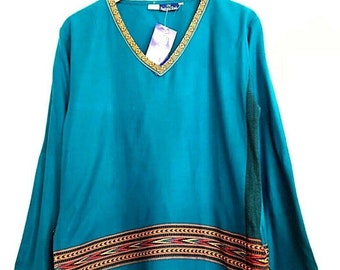 Turquoise BLUE Tunic top, Long length Sweater, Pullover, Boho Hippie Festival style, sleeved - Small -Medium -Large