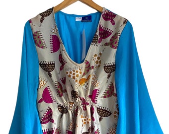 BLUE Kaftan Tunic top, Dress, recycled Indian Sari-Silk, Bell sleeve, Stevie Nicks , loose fit, beach cover up UK 10-18