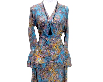 Stunning Blue & Gold Silk Wrap Dress, Long Boho Hippy maxi, bell sleeve, UK 8 10 12 14