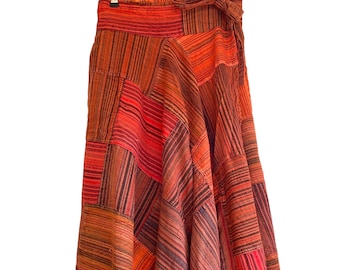 RED Long patchwork Wrap skirt, Boho Hippy Festival astyle, 100% cotton summer maxi length UK 8-16