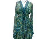Boho hippie, Green Turquoise, Silk KIMONO, wrap, beach cover up, kaftan, duster coat, robe, dressing gown, dress UK 8 10 12 14 16 18