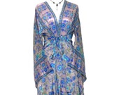 Boho hippie dusky pink blue, silk, kimono, wrap, beach cover up, kaftan, duster coat, robe, dressing gown, dress uk 8 10 12 14 16 18