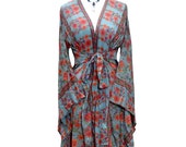 Boho hippie style, Orange Grey, silk, Kimono, wrap, beach cover up, kaftan, duster coat, robe, dressing gown, dress UK 8 10 12 14 16 18