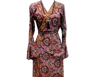 Stunning Red & Black Silk Wrap Dress, Long Boho Hippy maxi, bell sleeve, UK 8 10 12 14