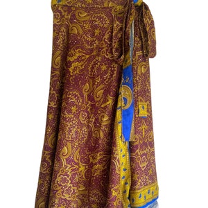 Flower print Indian Summer Wrap Skirt, reversible vintage recycled Sari Silk, Boho Hippy Festival party style UK 8-18