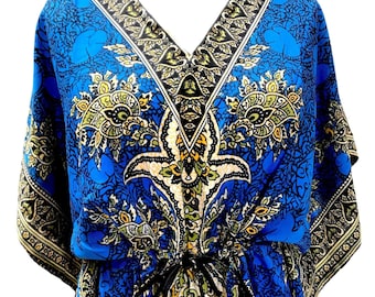 BLUE Kaftan Maxi Dress, Boho Hippy Festival, Long beach cover up robe UK 8 10 12 14 16 18