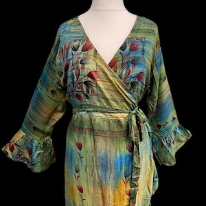 Vestido longo indiano Dijar, Sari de seda vintage com manga com babados, estilo Boho Hippy Festival Reino Unido 14-20