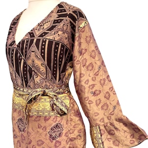 Vestido longo indiano Sadie, seda sari vintage com manga com babados, estilo Boho Hippy Festival Reino Unido 14-20