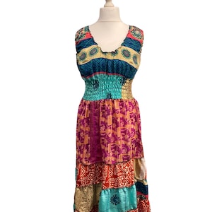 Indian Blue Long summer dress, Recycled sari-silk, Boho, Hippy, Festival party outfit UK 8-12