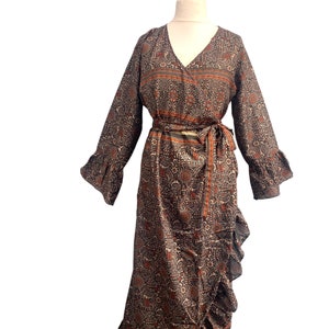 Vestido envelope preto e cinza, manga vintage de verão com babados, sari de seda reciclada, traje para festa boho hippie no Reino Unido 14-20