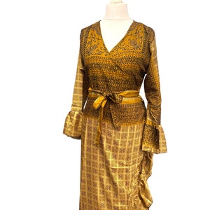 Vestido envelope Golden Sun, manga vintage de verão com babados, sari de seda reciclada, traje para festa de festival boho hippie, Reino Unido 14-20