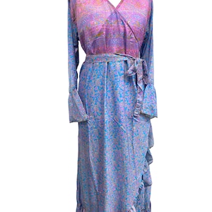 Vestido longo azul, estilo boho hippie, manga sino, sari vintage de seda, tamanho único, Reino Unido 14-20