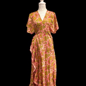 100% PURE SILK Wrap Dress, Bubblegum pink , Boho Hippy Festival style, long length, Maxi Party  Wedding outfit UK 8-14
