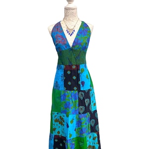 STUNNING Blue patchwork Dress, Boho hippy Festival Princess party Outfit style, summer sun beach UK 8-18 US 4-22