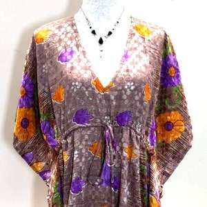Silky PURPLE Kaftan TUNIC Dress, Summer beach cover up, party dress, One Size UK 8-18
