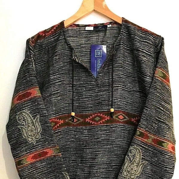 Aztec Tunic Top, Embroidered, Long Sleeve Pull over, Grey Tassel Sweater, Boho Fringe, UK  12 14