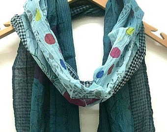 BLUE Scarf, Polka Dot, Patchwork, Cotton, Long Tassel Boho Wrap