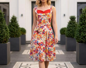 50s Style Floral Swing Kleid, Coral Rockabilly Party Kleid, UK 14