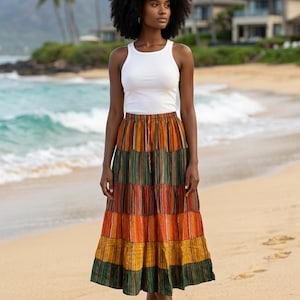 Boho Layered Maxi Skirt, Striped Cotton Summer Festival Hippie Style