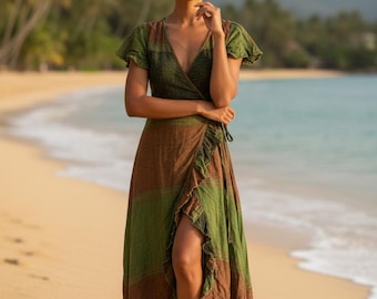 Green & Brown Rayon Wrap Dress, Boho Festival Style, UK 8-14