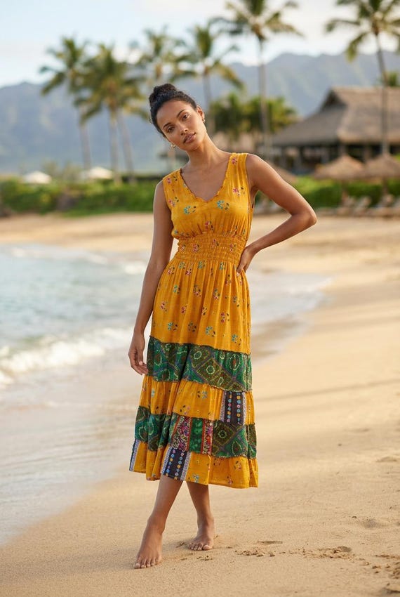 recycled sari silk dress YELLOW Indian Long Summer Dress, Recycled Sari-silk, Boho, Hippy, Festival  Party Outfit UK 8-12