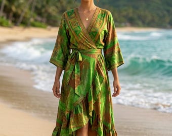 Green Sari Silk Wrap Dress, Boho Flounced Maxi, UK 8-14