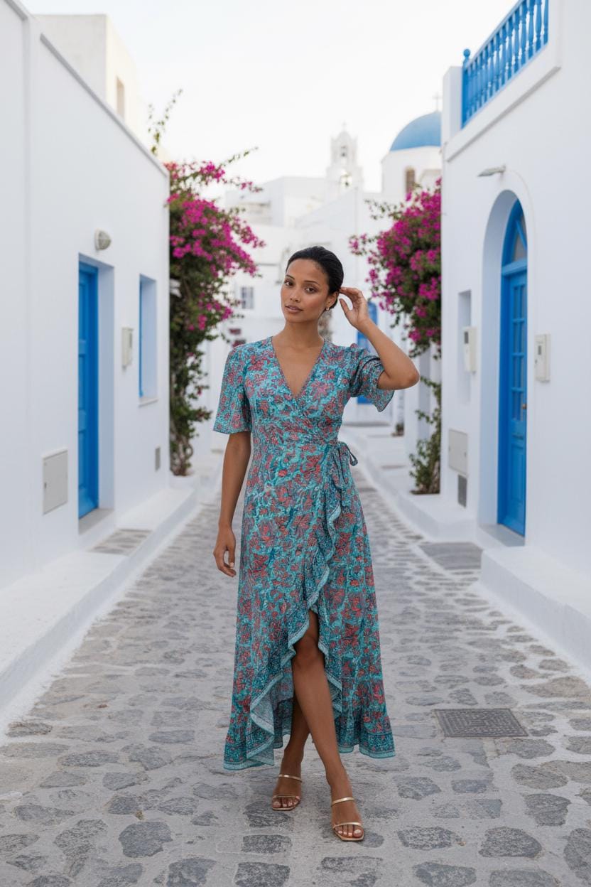 Blue Floral Silk Wrap Dress, Bohemian Festival Maxi Dress