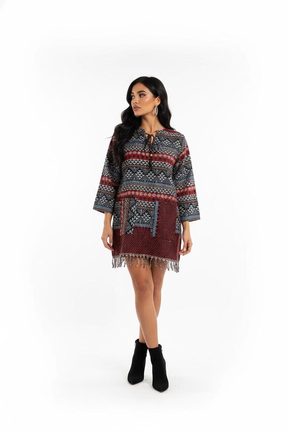 knitted tunic dresses uk Boho Tasselled Tunic Dress, Red Black Knit, UK 8-14