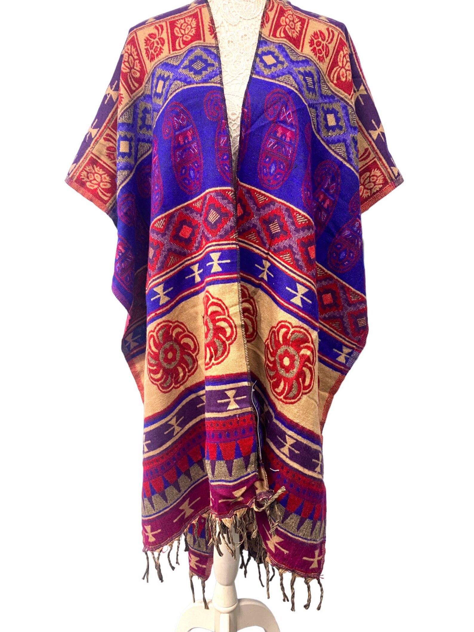 Fair Trade Boho Festival Poncho - Handmade In Nepal, Wool, Hippie Style (Size M)