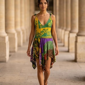 VERT Robe de festival, patchwork à l'ourlet en soie sari recyclée Royaume-Uni 8-12