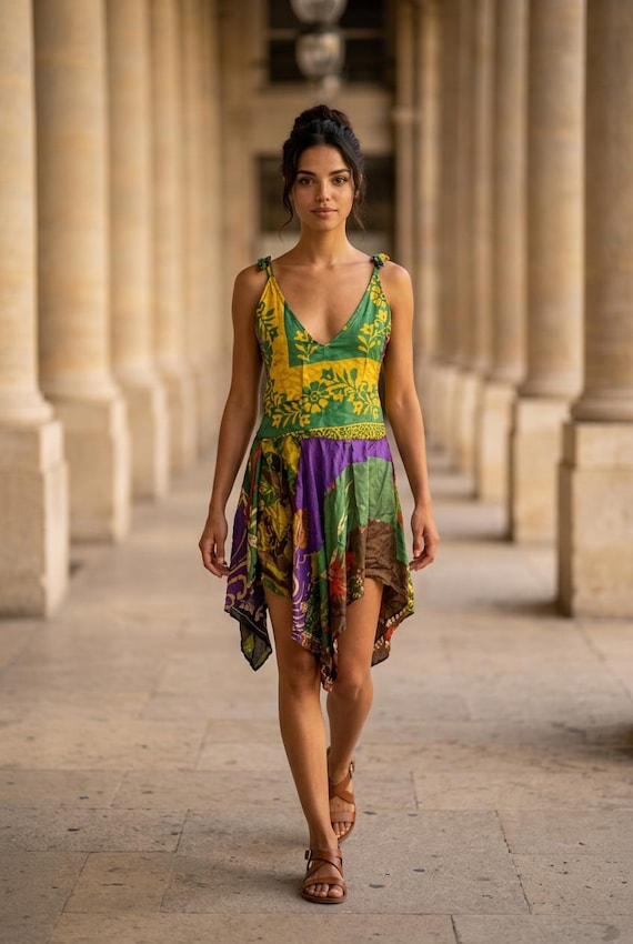 GREEN Festival Dress, Patchwork Hanky Hem in Recycled Sari Silk UK 8-12 - Etsy New Zealand GREEN Festival Dress, Patchwork Hanky Hem in Recycled Sari Silk UK 8-12 - Etsy New Zealand