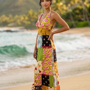 Patchwork Halter Maxi Dress, Festival Hippie Boho LONG Style