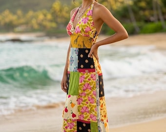 Abito lungo con scollo all'americana patchwork, stile festival hippie boho LUNGO